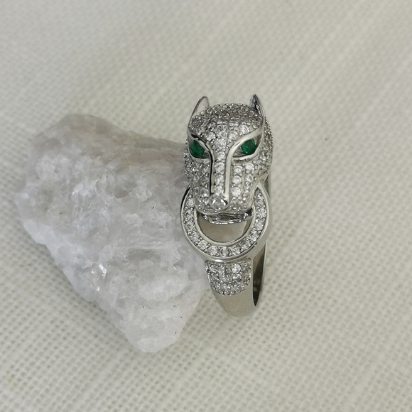 Panther Ring sterling silver cz and emerald eye cat size 7 - Picture 11 of 12